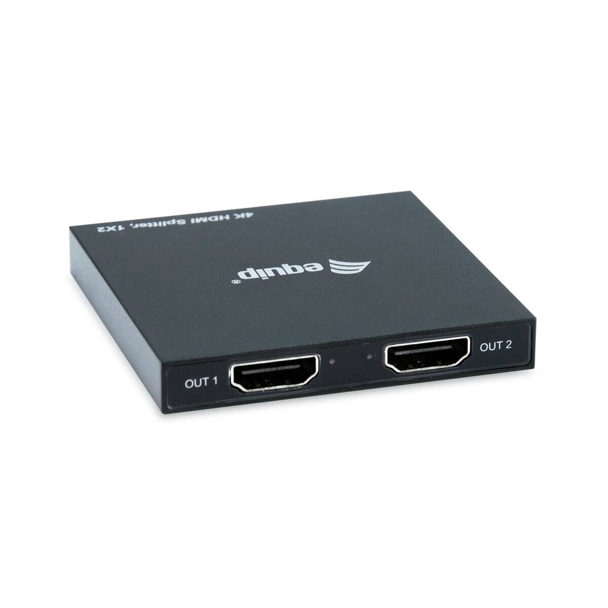 Ein schwarzer HDMI-Verteiler mit zwei Ausgängen, beschriftet mit ‚OUT 1' und ‚OUT 2', entwickelt zum Verteilen eines 4K-HDMI-Signals auf zwei Displays.