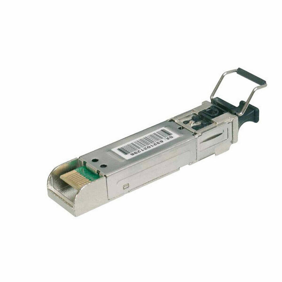 Ein kleines, silbernes SFP-Modul mit einer Kunststofflasche und einem Barcode-Etikett. Verwendet für Netzwerkverbindungen in Telekommunikationsgeräten.