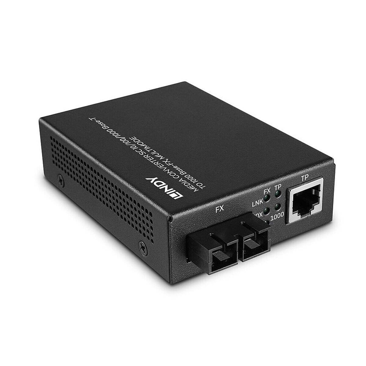 Ein schwarzer Medienkonverter mit zwei Glasfaserports und einem Ethernet-Port, beschriftet mit 'INOVO 10/100/1000M Glasfaser-Medienkonverter'.