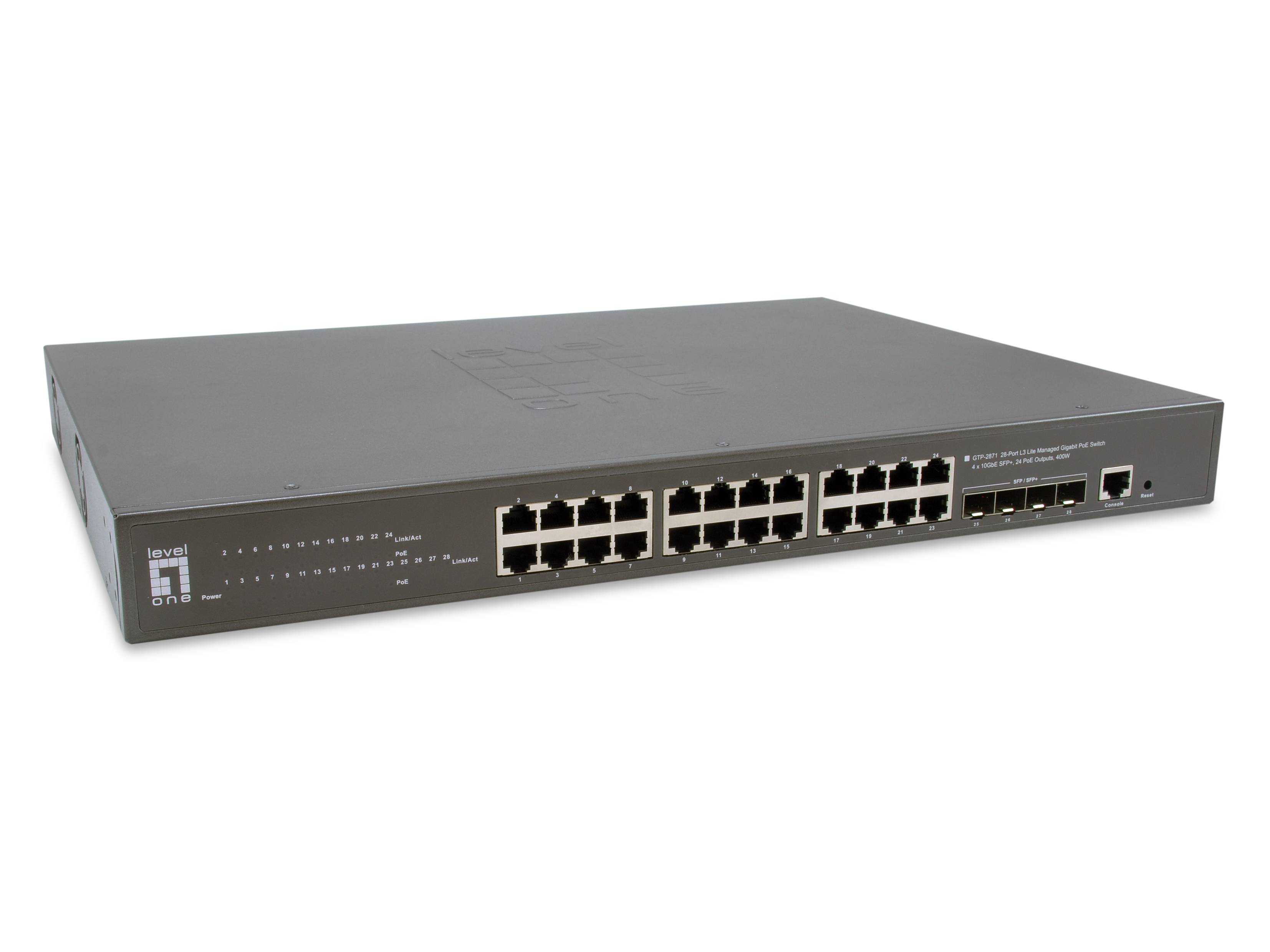 Frontansicht eines 24-Port-Netzwerk-Switches mit mehreren Ethernet-Anschlüssen und Status-LEDs auf einem grauen Rack-Gehäuse.