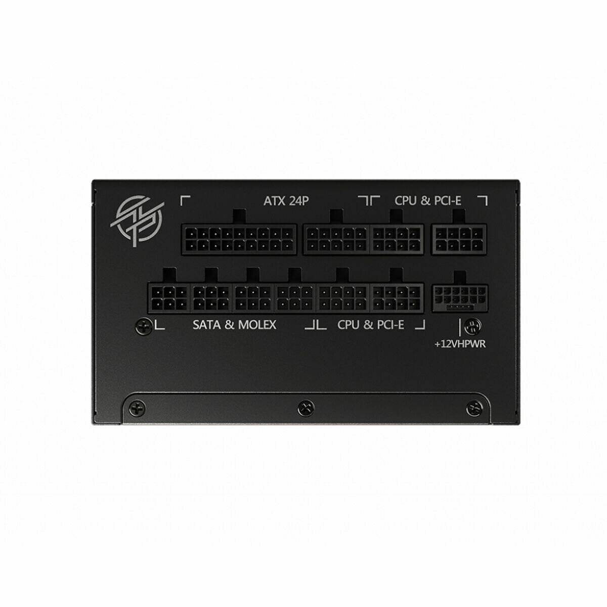 Anschlüsse des Computernetzteils beschriftet für ATX 24P, CPU & PCI-E, SATA & Molex und +12VHPWR.