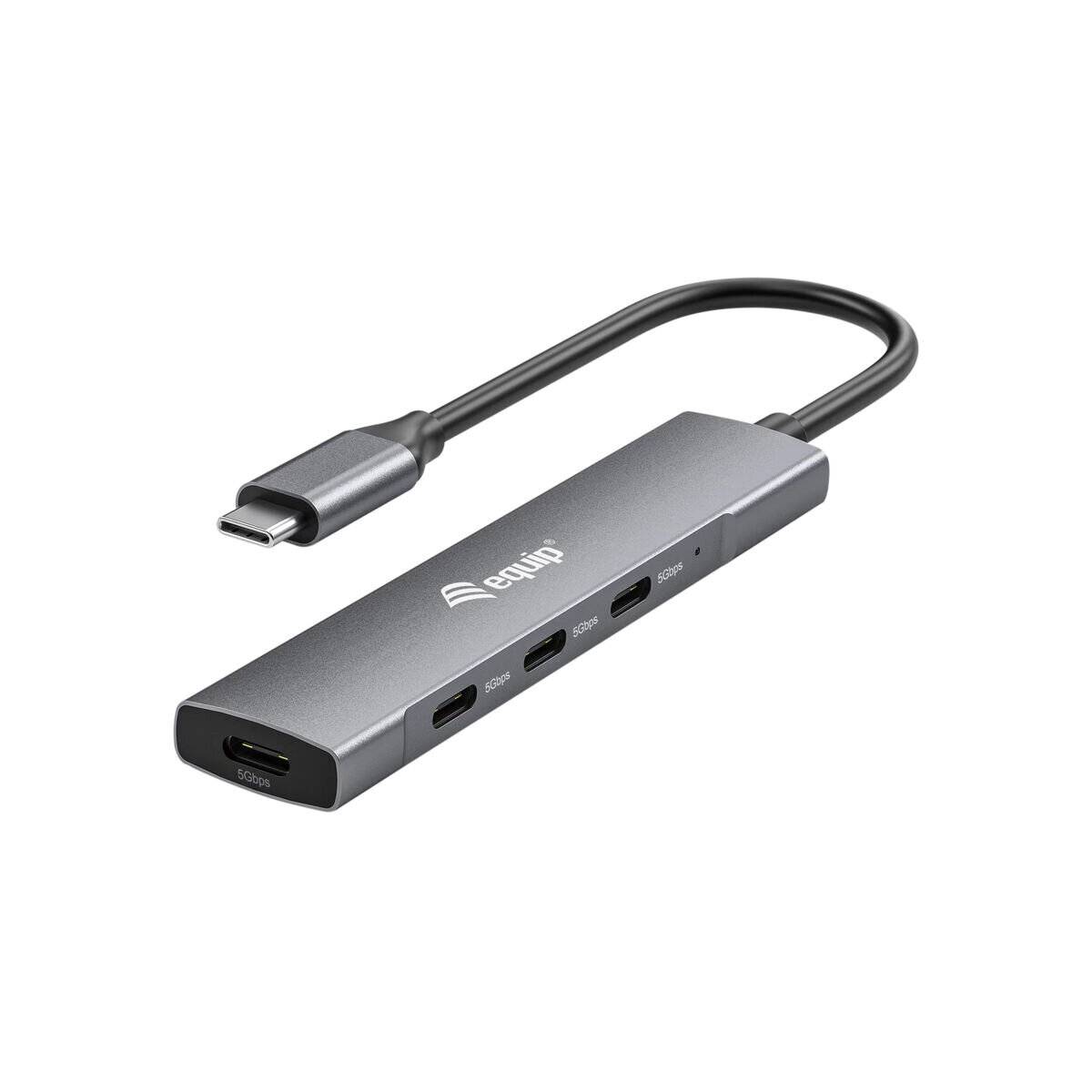 Ein schlanker, silberner USB-C-Hub mit mehreren Anschlüssen wie USB-C, HDMI und USB-A, entwickelt zur Erweiterung der Konnektivitätsmöglichkeiten.