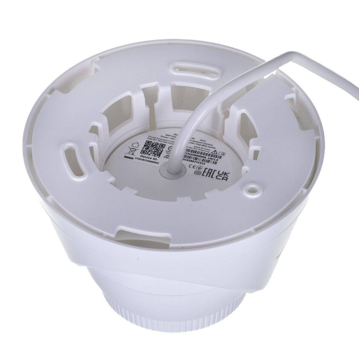 Ein weißes, zylindrisches elektronisches Gerät mit einer kreisförmigen Öffnung, das Zertifizierungslogos und Text zeigt. Ein Kabel ragt von der Oberseite heraus.