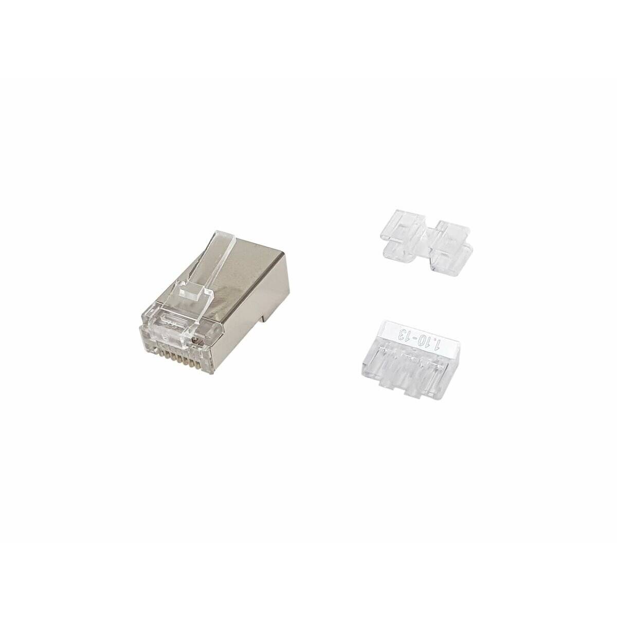 Ein metallischer RJ45-Stecker mit zwei transparenten Kunststoffteilen, verwendet für die Zusammenstellung von Netzwerkkabeln.