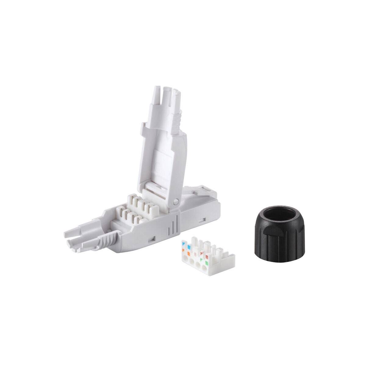 Weißer modularer Netzwerk-Feldstecker mit offenem Gehäuse, einem separaten farbcodierten Verdrahtungseinsatz und einer schwarzen Schraubkappe.
