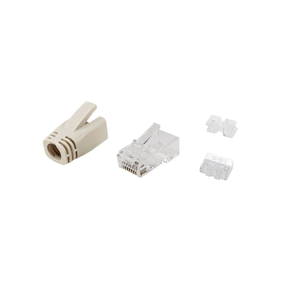 Ethernet-Anschluss-Set mit einer beigen Schutzmanschette, transparentem RJ45-Stecker und kleinen Kunststoffkomponenten, auf weißem Hintergrund dargestellt.