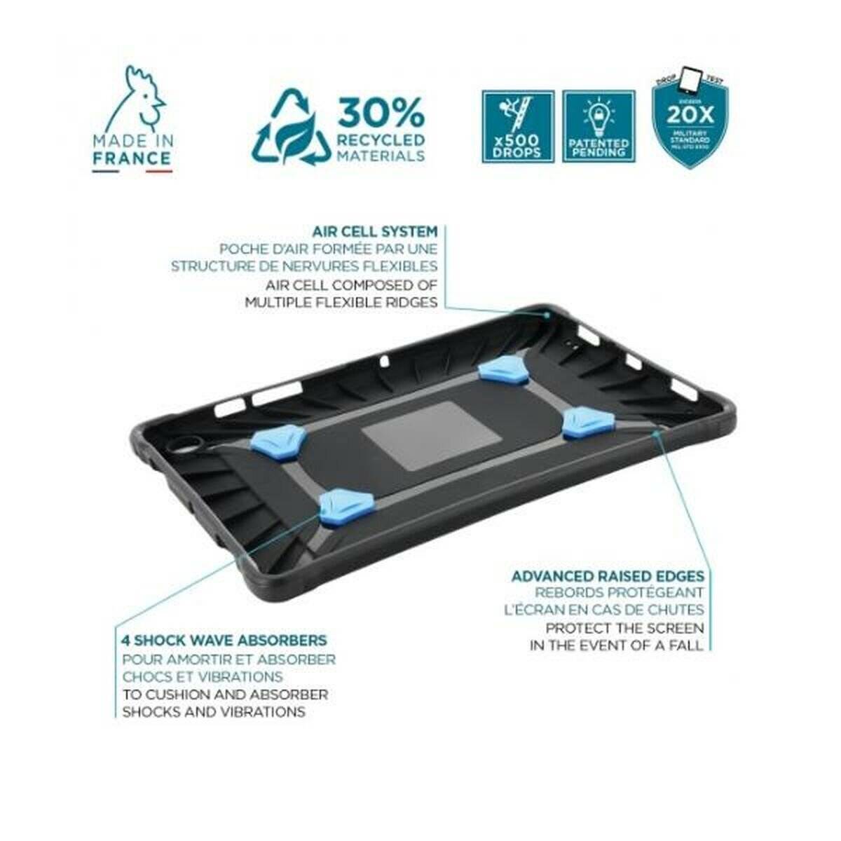 Tablethülle mit Luftzellensystem und 4 Stoßwellenabsorbern für Fallschutz. Hergestellt aus 30% recycelten Materialien. Hergestellt in Frankreich.