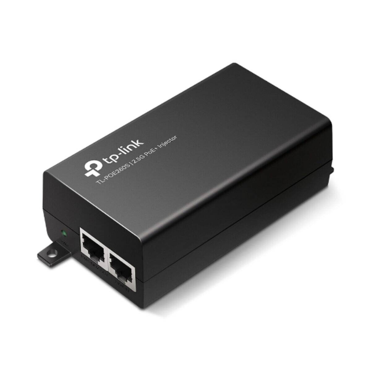 Ein schwarzer TP-Link TL-POE160S PoE-Adapter mit zwei Ethernet-Ports und einem Stromeingang, der zur Stromversorgung von Geräten über Ethernet verwendet wird.