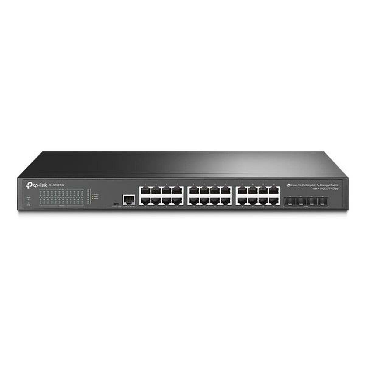 Ein 28-Port-Netzwerk-Switch mit Rack-mountingdesign, ausgestattet mit LED-Anzeigen für jeden Port, wahrscheinlich zur Überwachung von Konnektivität und Aktivität.