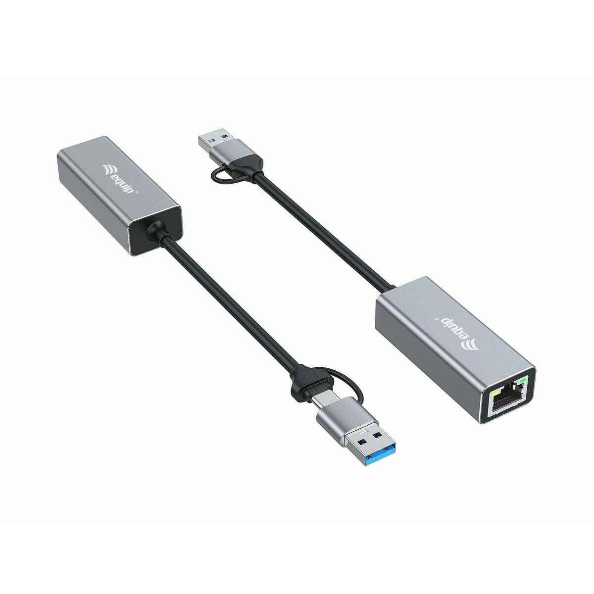 USB-zu-Ethernet-Adapter von AoHu, grau, mit USB-A- und RJ45-Anschlüssen, in zwei Ansichten, vor weißem Hintergrund.