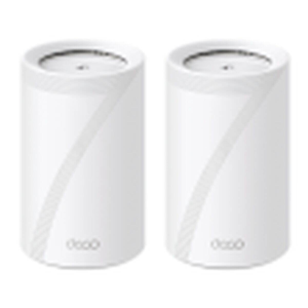 Zwei weiße zylindrische Router mit Spiraldesign, auf deren Unterseite das Logo 'deco' prangt, vor einem weißen Hintergrund.
