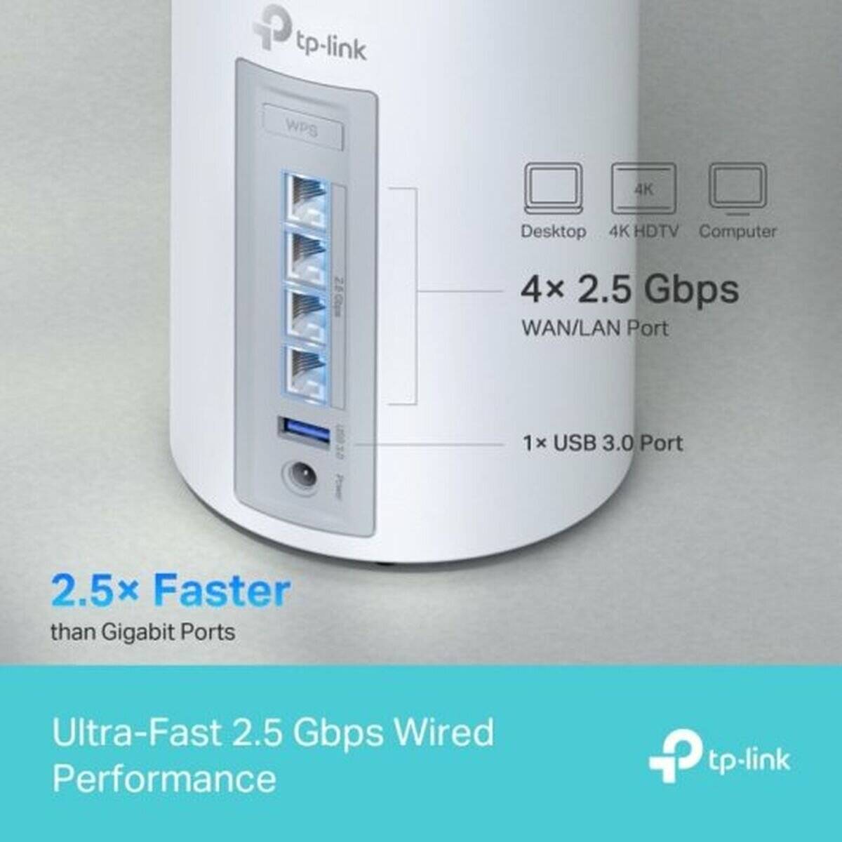 TP-Link Netzwerk-Switch-Bild, das ein Gerät mit mehreren Anschlüssen zeigt. Der Text hebt 