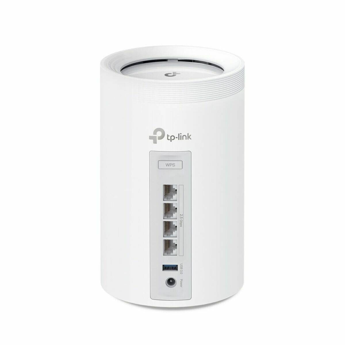 Ein weißer zylindrischer TP-Link Router, auf dem das TP-Link Logo, vier Ethernet-Ports, eine WPS-Taste und ein Stromanschluss auf dem Frontpanel zu sehen sind.
