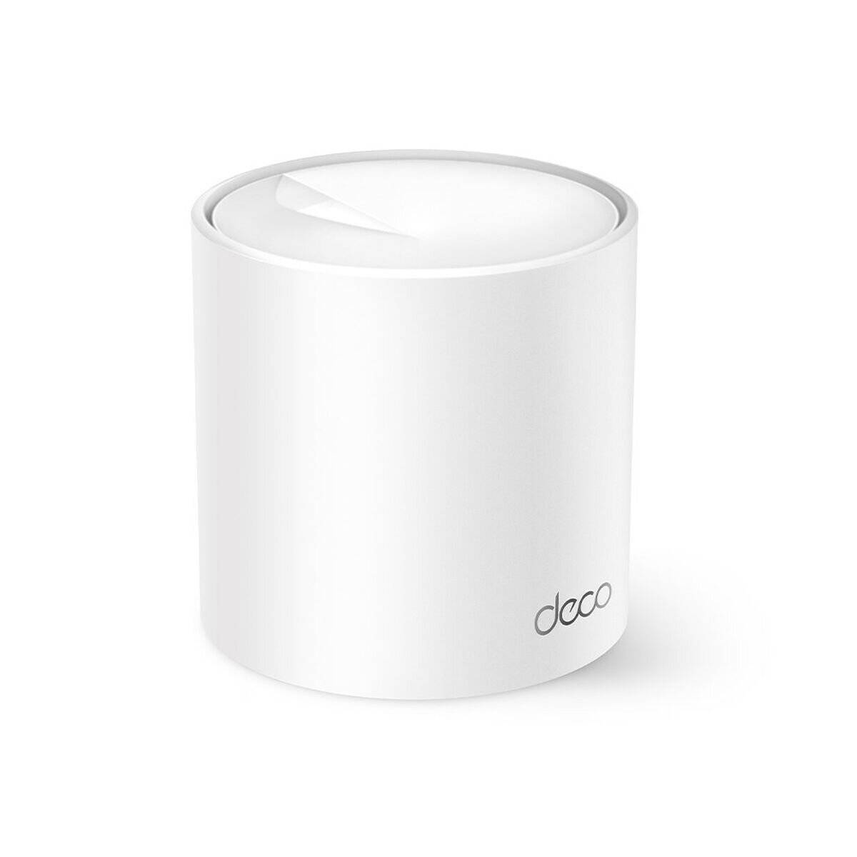 Weißer zylindrischer WLAN-Router mit dem 'Deco'-Logo an der Seite, ausgestattet mit einer glänzenden Oberfläche, der sich perfekt für moderne Heimnetzwerk-Installationen eignet.