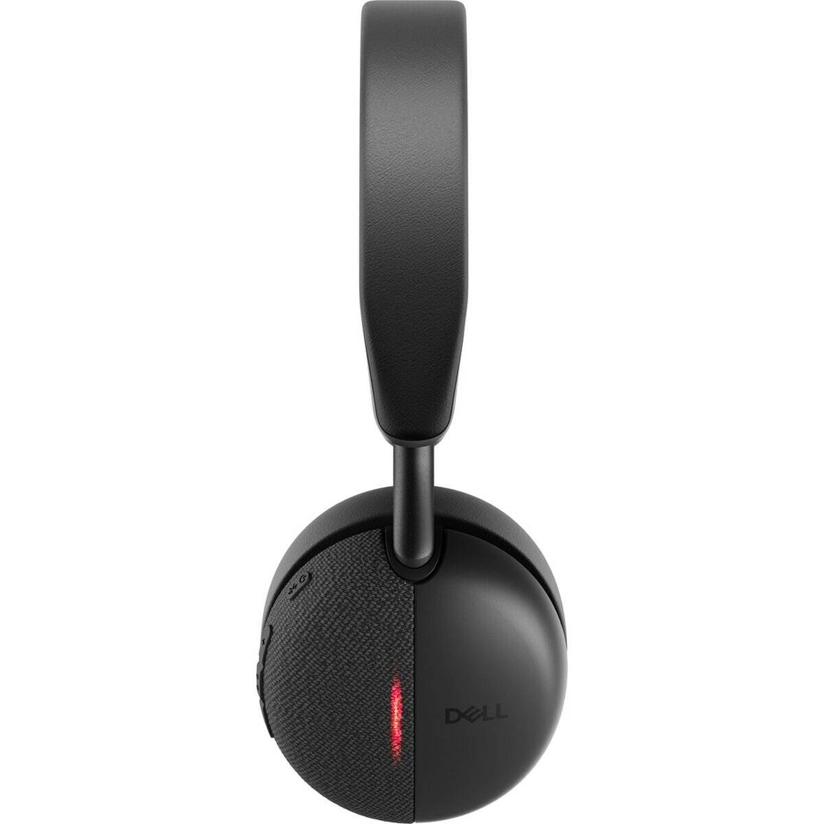 Schwarze Over-Ear-Kopfhörer mit einem roten Lichtstreifen auf der linken Ohrmuschel, von der Seite betrachtet. Das Dell-Logo ist auf der rechten Ohrmuschel sichtbar.