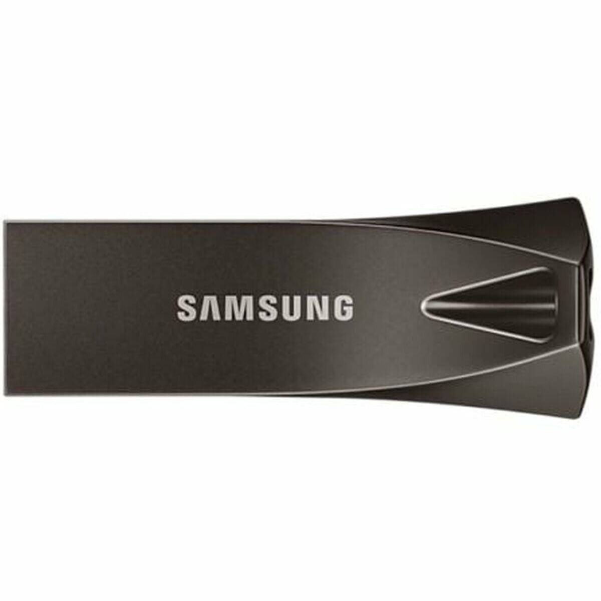 Samsung USB-Stick mit elegantem metallfarbenem Design, auf dessen Oberfläche der Markenname eingeprägt ist.