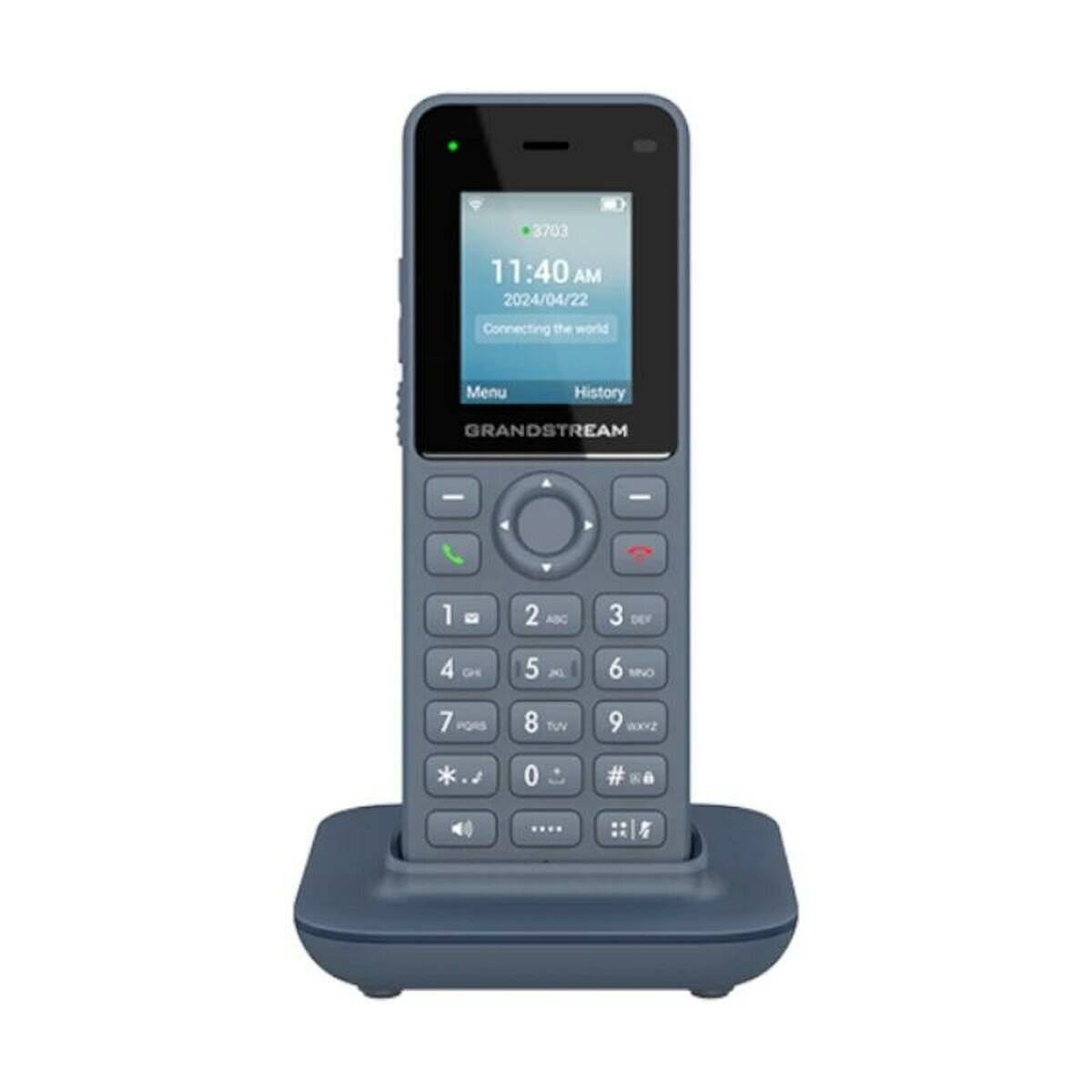 Ein grauer schnurloser Telefon mit einem Display, das '11:40 Uhr, 2024/04/22' zeigt. Das Wort 'Grandstream' erscheint unterhalb des Bildschirms.