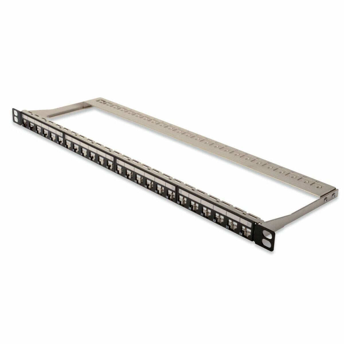 Ein Metall-Patchpanel für Netzwerkkabel, das mehrere Anschlüsse in einer Reihe aufweist, ist für ein effizientes Kabelmanagement in Netzwerkumgebungen konzipiert.