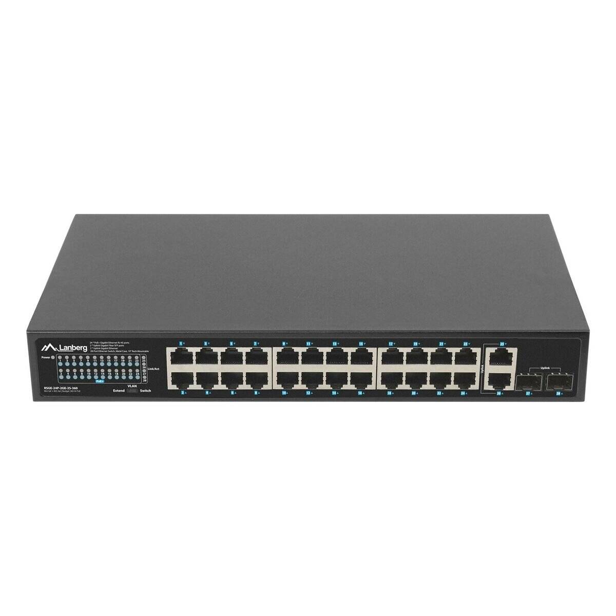Netzwerk-Switch mit 24 Ethernet-Ports und 2 Glasfaser-Uplinks, verwendet zum Verbinden und Verwalten mehrerer Geräte in einem Netzwerk.