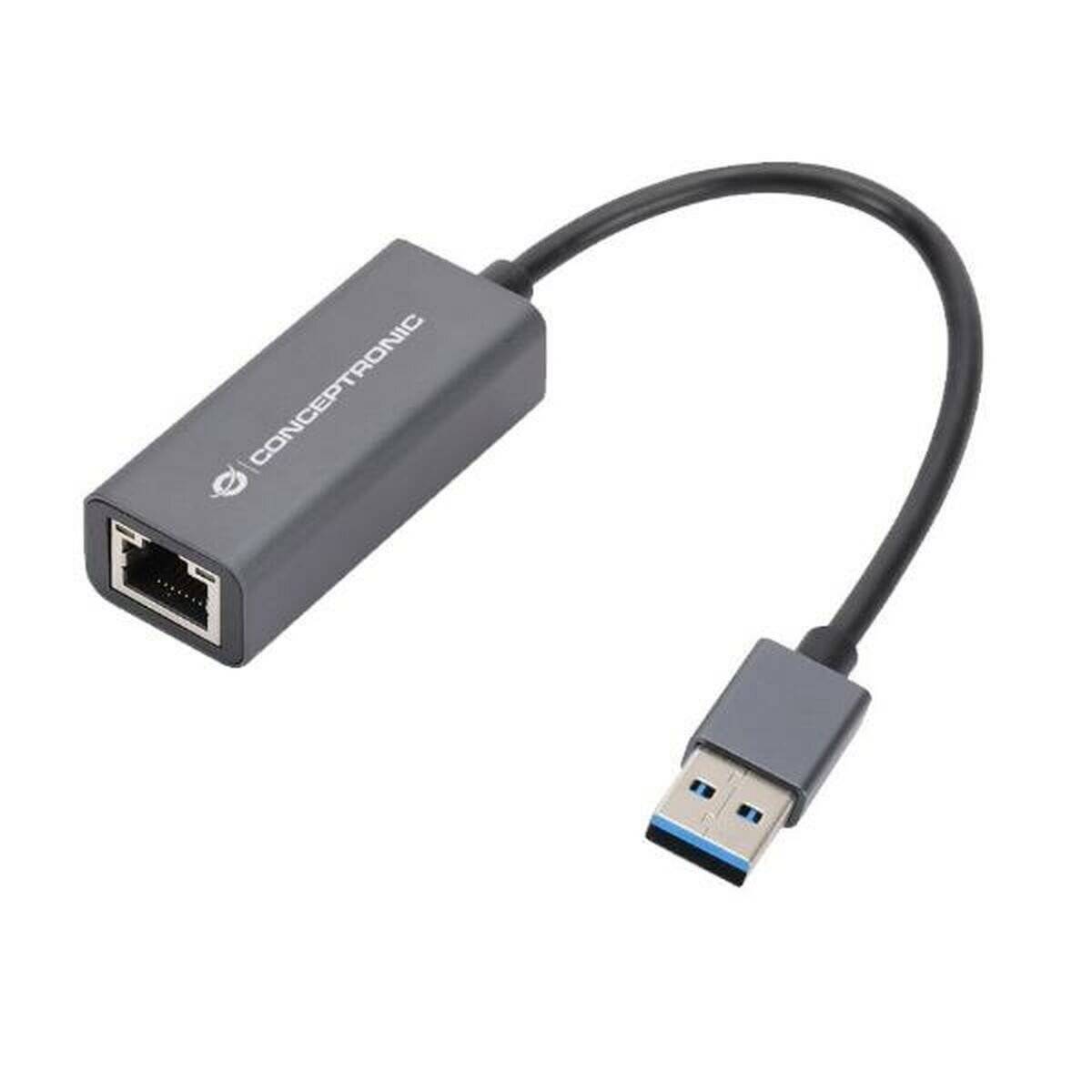 Ein Ethernet-zu-USB-Adapter mit der Marke 'Conceptronic', ausgestattet mit einem USB-3.0-Stecker und einem Ethernet-Port für Netzwerkverbindungen.