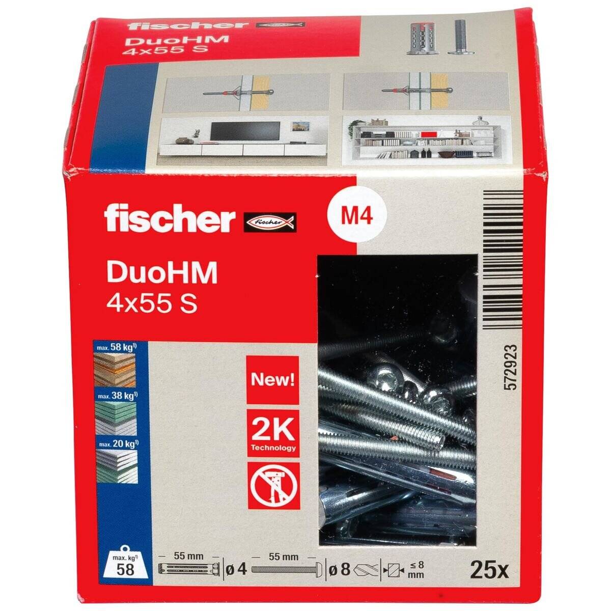 Schachtel mit fischer DuoHM M4 Ankerbolzen. Enthält 25 Stück, geeignet für bis zu 58 kg in Beton. Vorderseite zeigt Produktdetails und Bilder.
