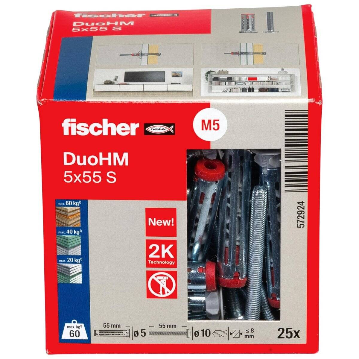 Packung mit Fischer DuoHM 5x55 S Dübeln, Größe M5, mit 25 Stück. Mit Tragfähigkeitssymbolen und einem transparenten Fenster zur Anzeige des Inhalts.
