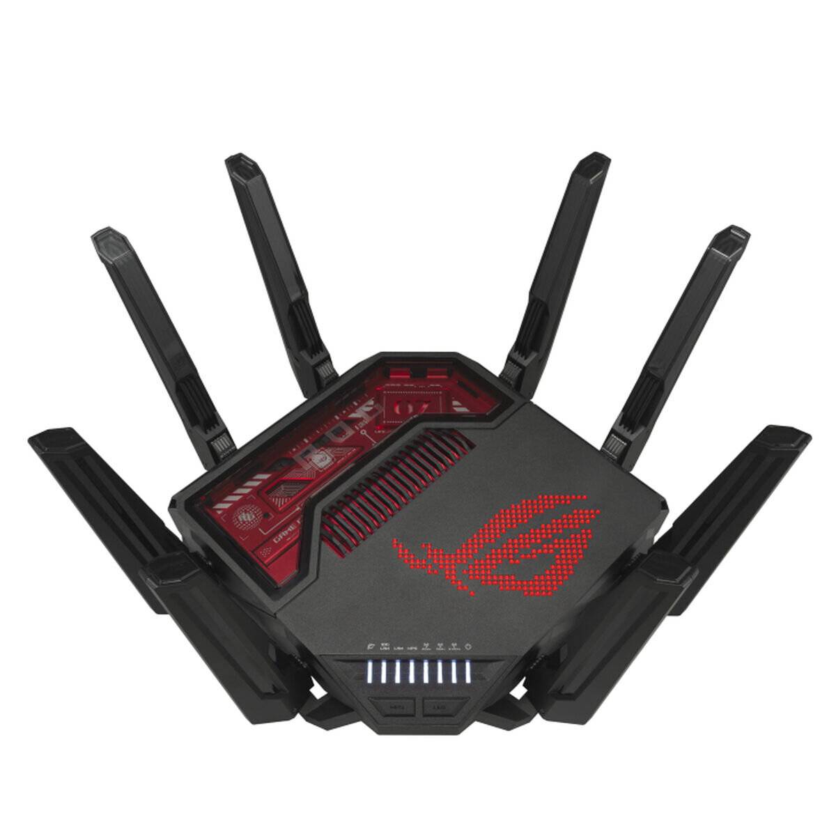Ein drahtloser Router mit sechs Antennen und einem roten Augen-Logo auf der Oberseite, entwickelt für High-Performance-Netzwerke und Gaming.
