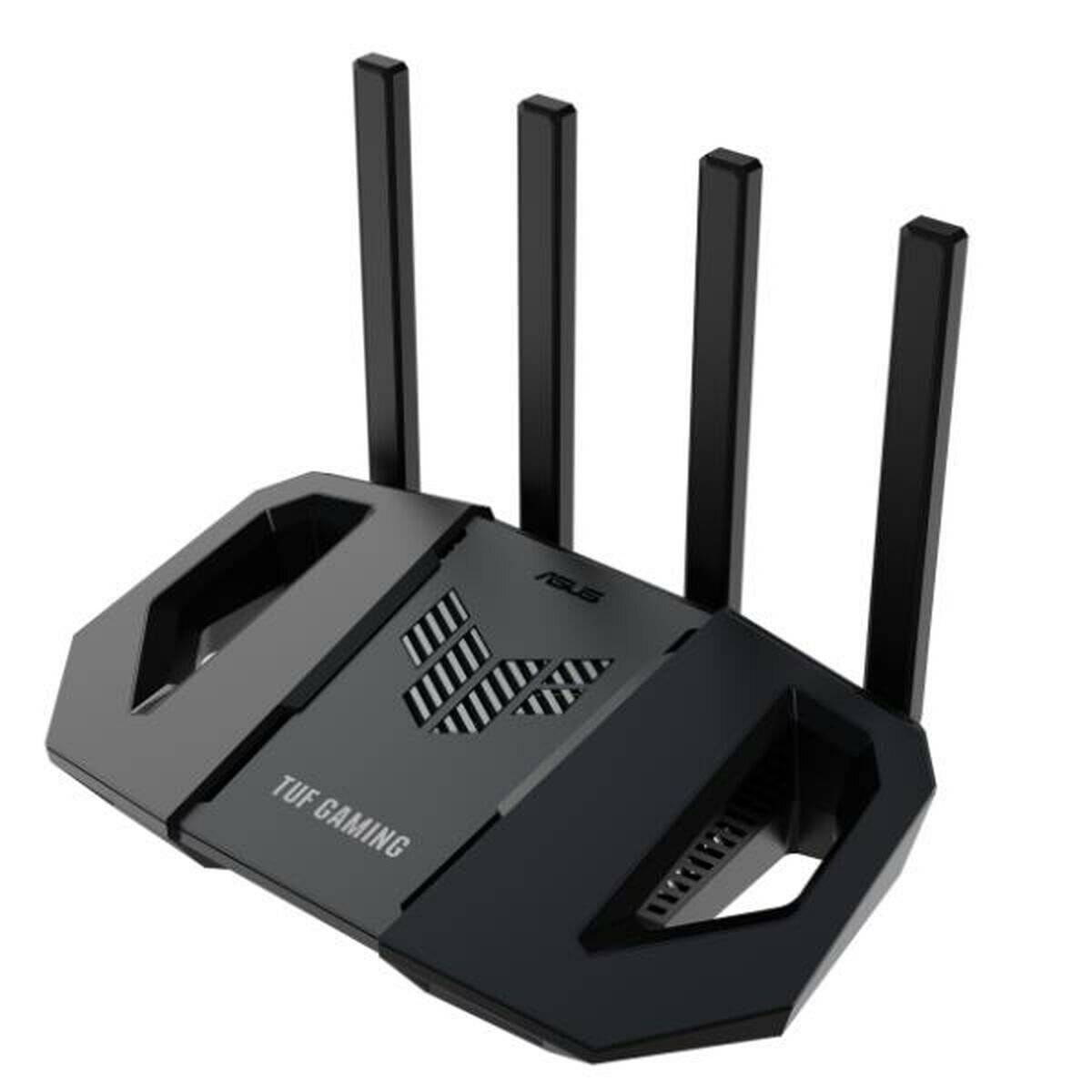 Ein schwarzer ASUS TUF Gaming Router mit vier Antennen, entwickelt für hochleistungsfähige Netzwerkverbindungen.