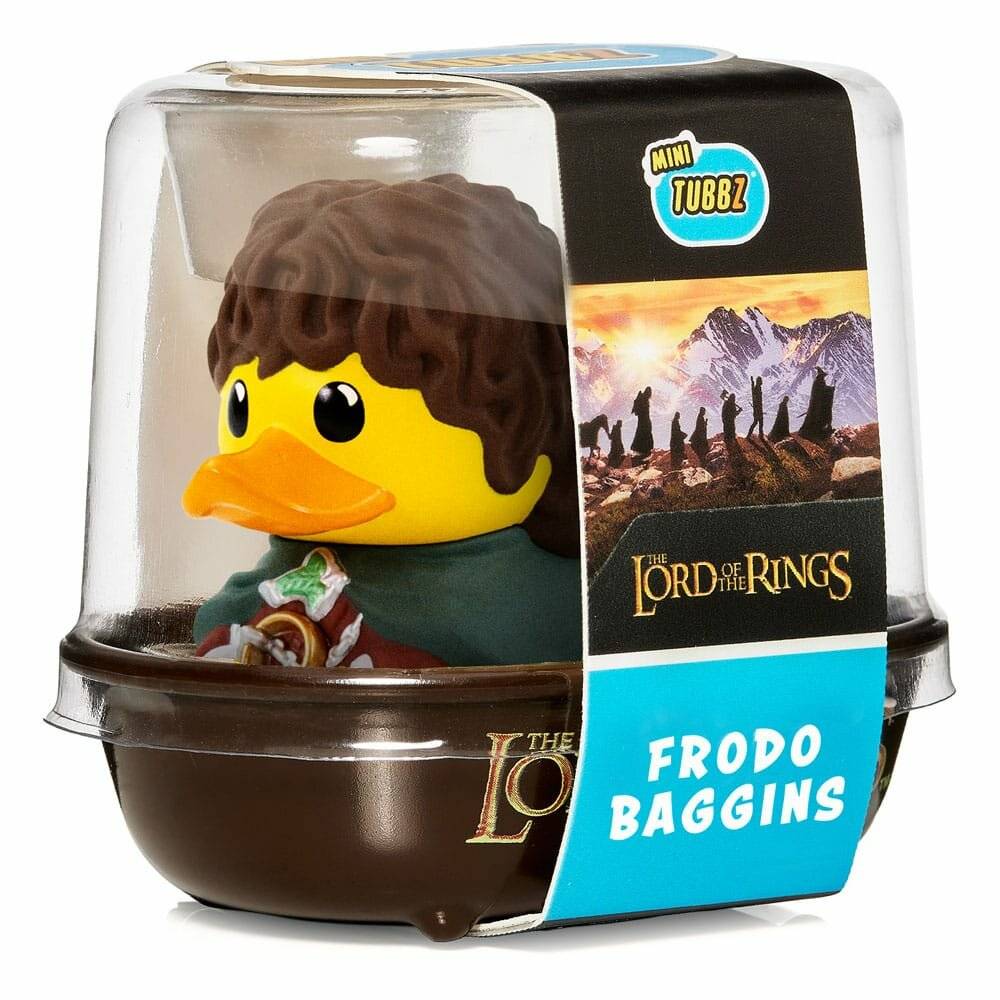 Gummiente verkleidet als Frodo Beutlin aus ‚Der Herr der Ringe', verpackt in einer transparenten Plastikbox mit Etikett, ‚Mini TUBBZ'.