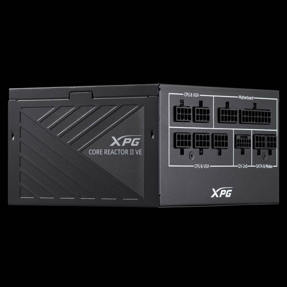 XPG CORE REACTOR II VE Netzteil mit modularen Anschlüssen, beschriftet für CPU, VGA, Mainboard und SATA-Verbindungen.