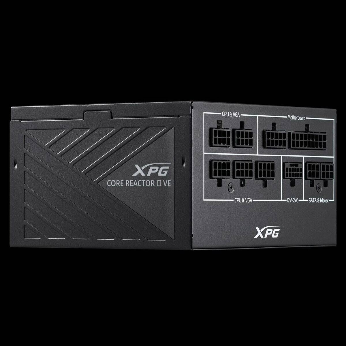 XPG Core Reactor II VE Netzteil, der modulare Anschlüsse für CPU, Motherboard und Peripheriegeräte auf einem eleganten schwarzen Design präsentiert.