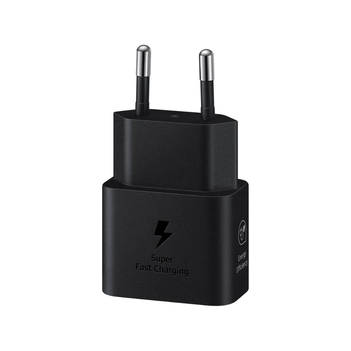 Schwarzer Netzadapter mit zwei Stiften und dem Text 