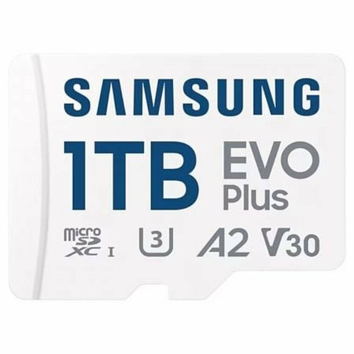 Samsung 1TB EVO Plus microSD-Karte mit A2-, V30- und U3-Geschwindigkeitseinstufungen.