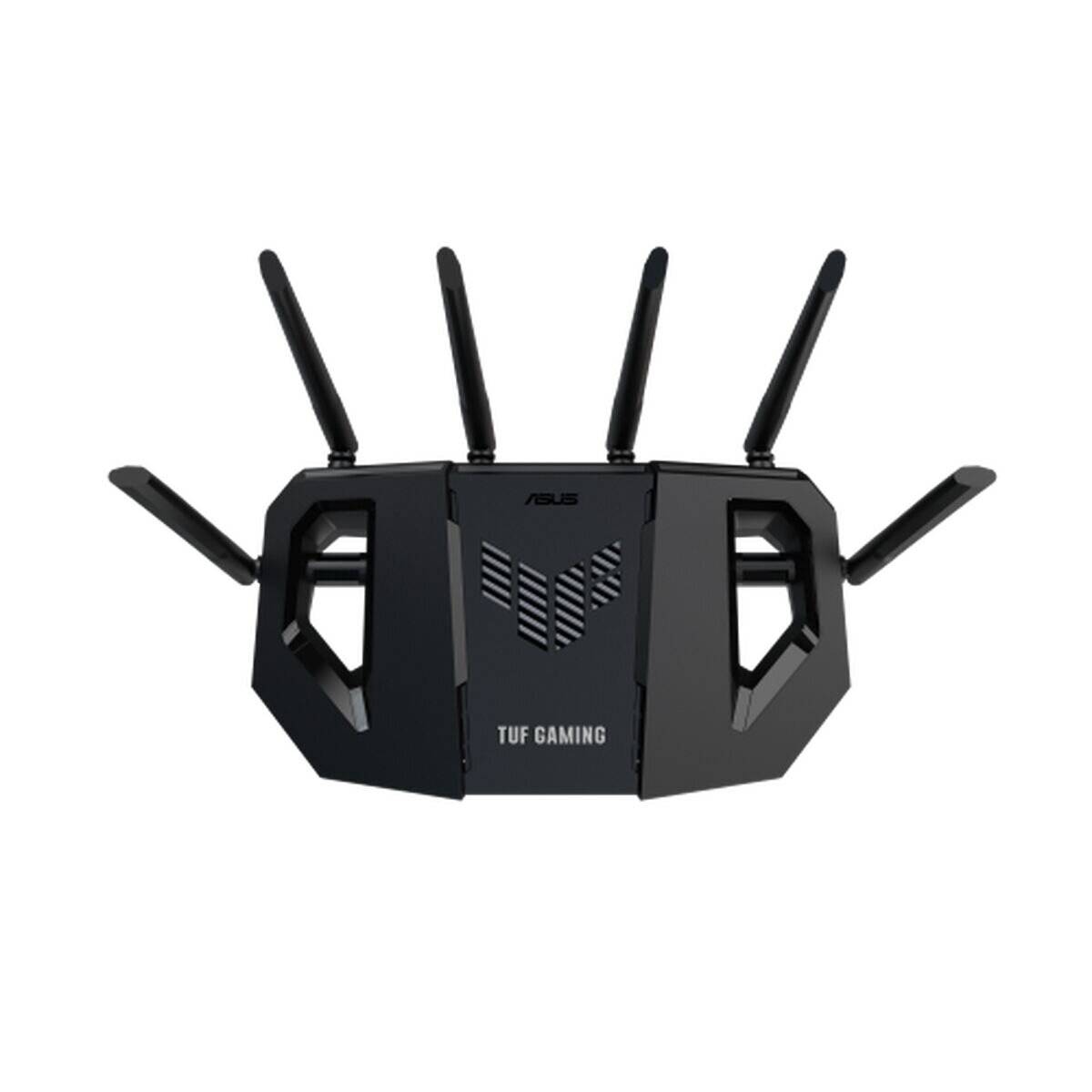 Ein schwarzer ASUS TUF Gaming-Router mit sechs Antennen, der das Markenlogo an der Vorderseite trägt und für eine hochleistungsfähige Internetverbindung entwickelt wurde.