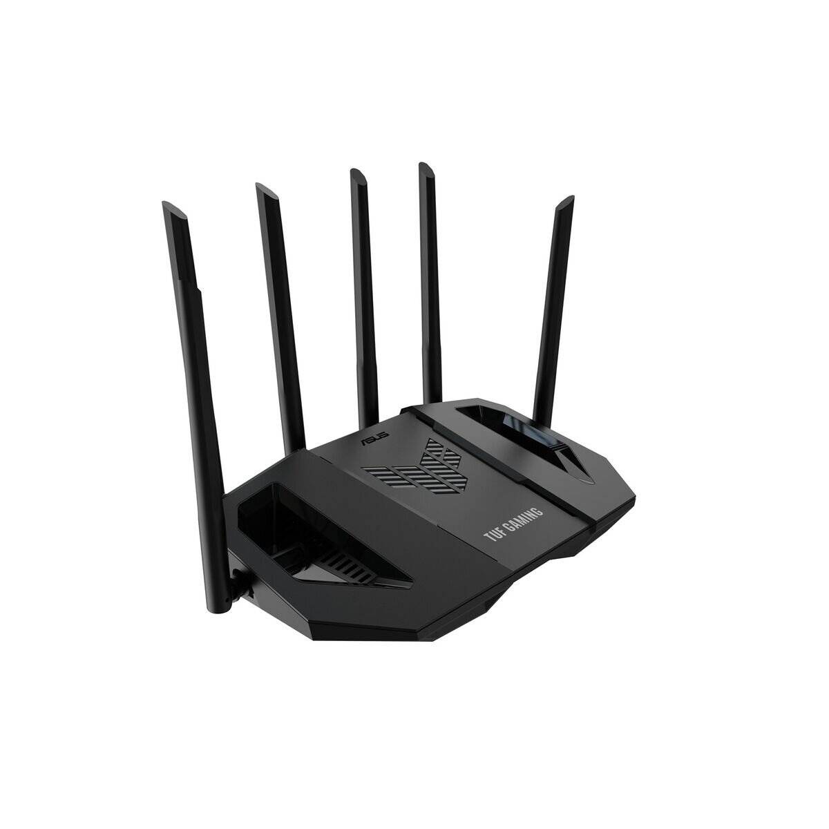 Ein schwarzer drahtloser Router mit vier Antennen, entwickelt für Gaming, mit der Beschriftung 