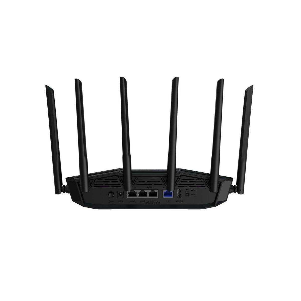 Ein schwarzer drahtloser Router mit sechs Antennen, der mehrere Anschlüsse an der Rückseite für Ethernet-Kabel und andere Verbindungen aufweist.