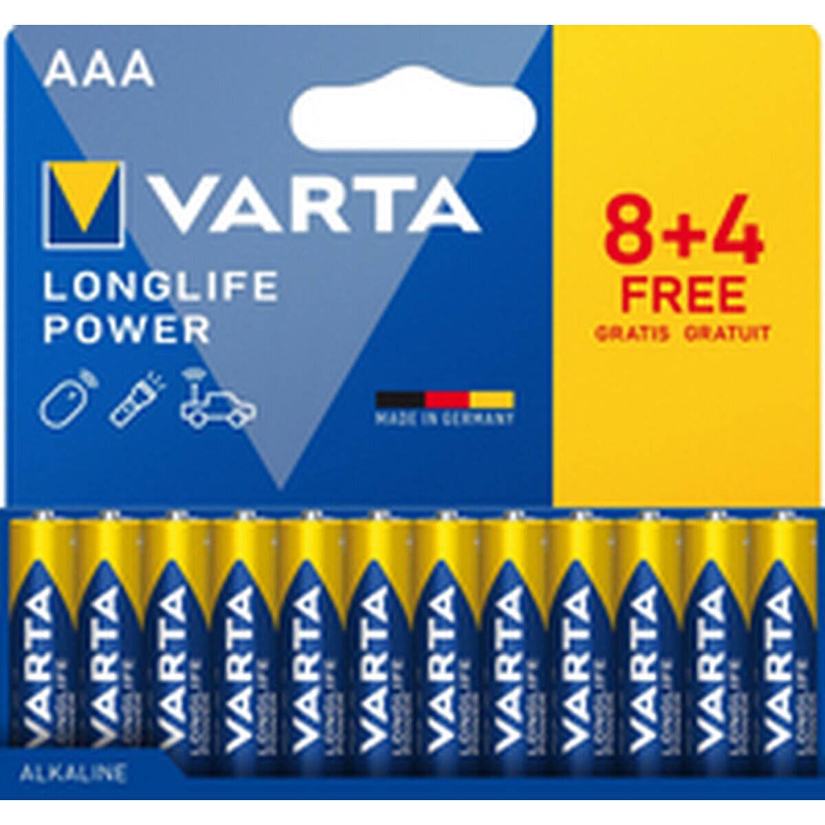 Varta Longlife Power AAA Batterien Packung, 12 insgesamt, gekennzeichnet als 8+4 gratis. Enthält Symbole für Fernbedienung und Spielzeug. Hergestellt in Deutschland.