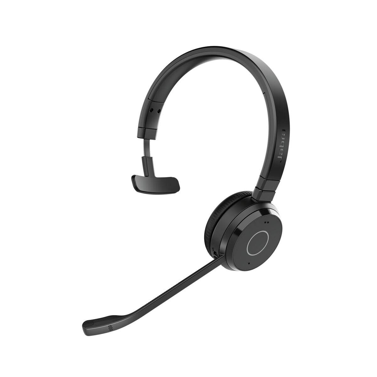 Ein schwarzes kabelloses Headset mit einer Ohrmuschel und verstellbarem Mikrofon, entwickelt für professionellen Einsatz.