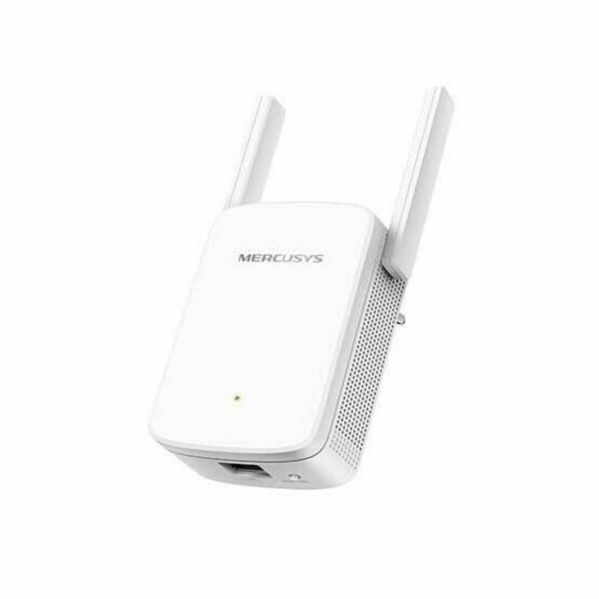 Ein weißer drahtloser WLAN-Repeater mit zwei Antennen und einer kleinen LED-Anzeige, mit der Aufschrift 'MERCUSYS', entwickelt zur Verstärkung von WLAN-Signalen.