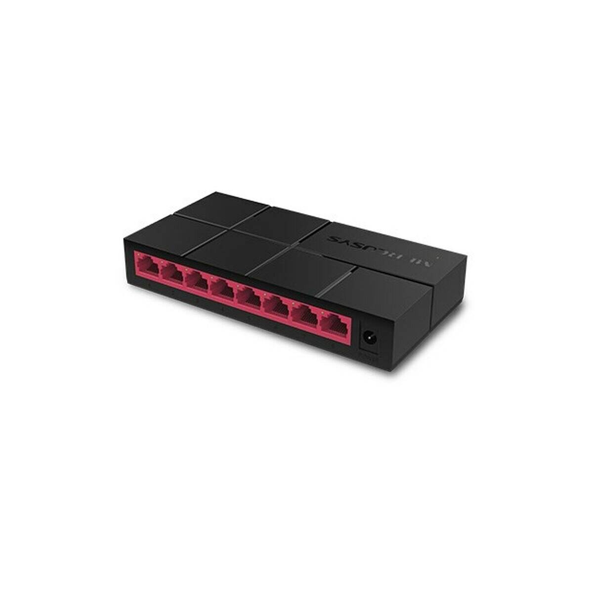Ein schwarzer und roter Netzwerk-Switch mit acht Ethernet-Anschlüssen an der Vorderseite, der zur Verbindung mehrerer Geräte in einem lokalen Netzwerk (LAN) verwendet wird.