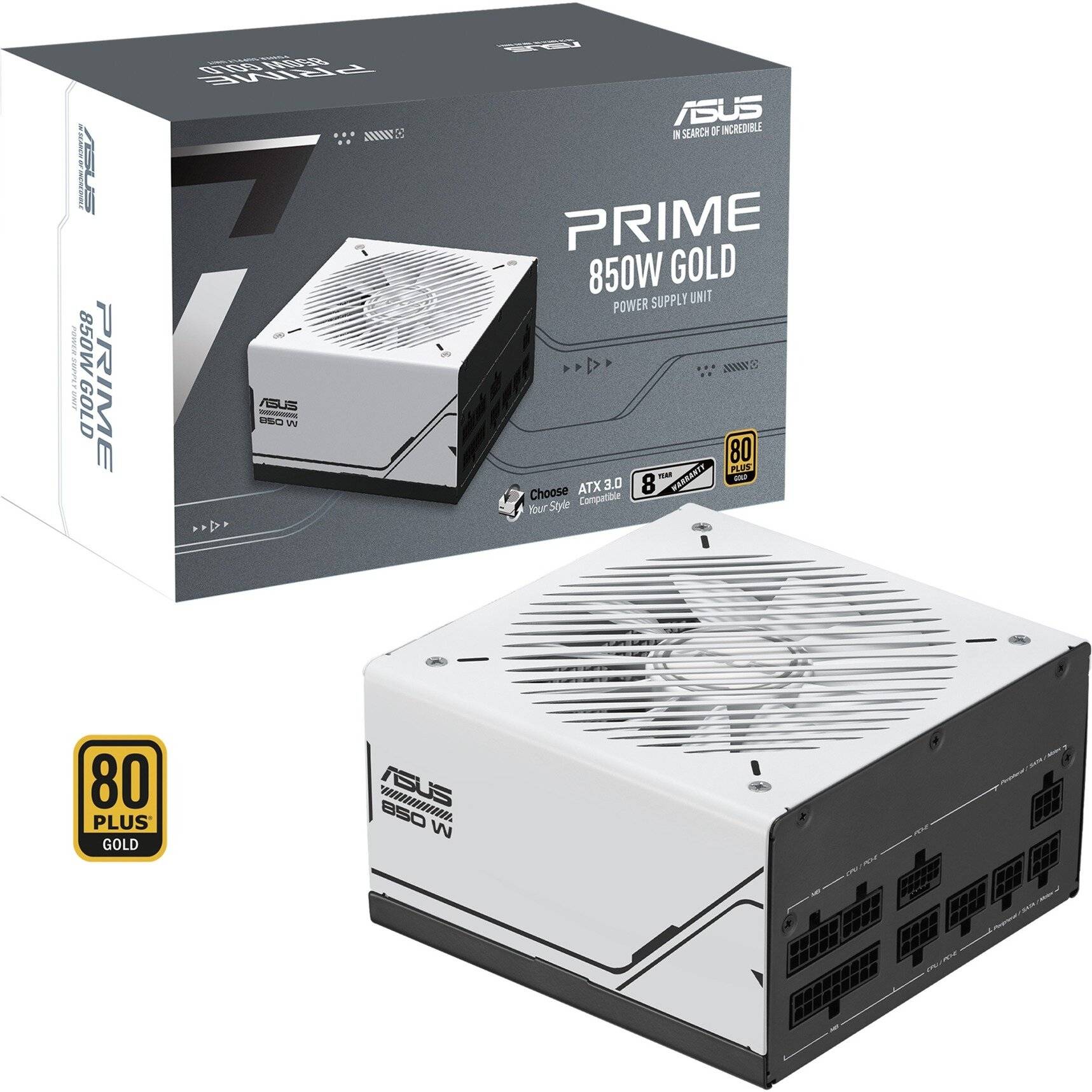 ASUS Prime 850W Gold Netzteil' Verpackung und Gerät. Ausgestattet mit ATX 3.0, 80 Plus Gold Zertifizierung, modularer Bauweise. Schachtel und Netzteil abgebildet.