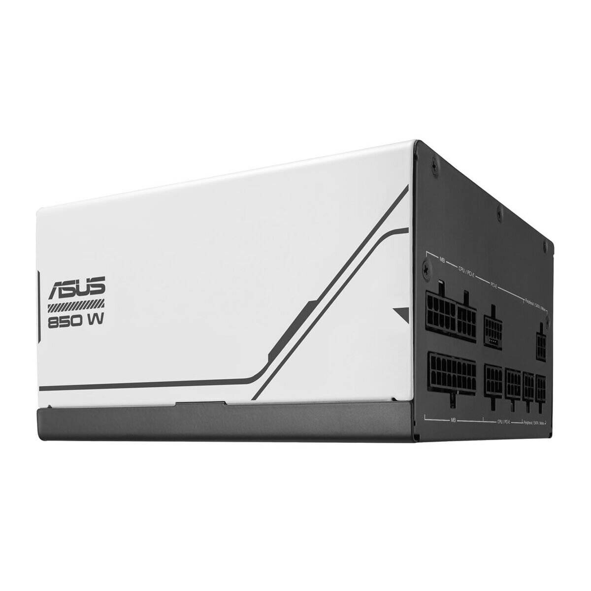 Weißes ASUS 850W Netzteil mit schwarzen modularen Anschlüssen, ausgestattet mit einem eleganten Design, das für High-Performance-Computersysteme geeignet ist.