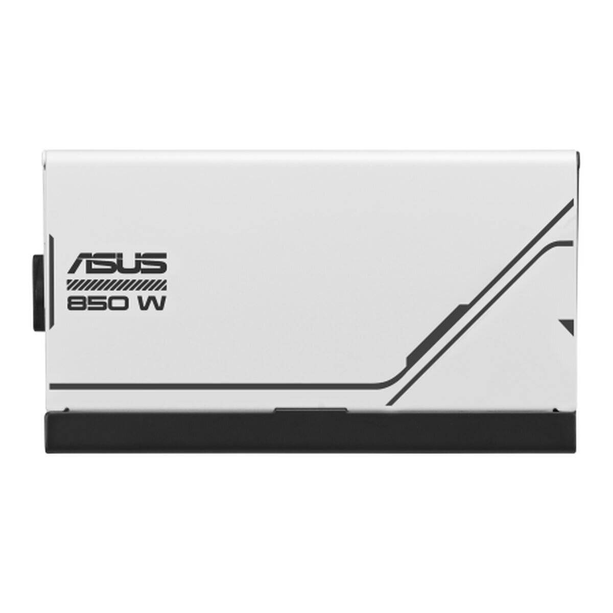 Ein weißes Asus 850W Netzteil mit schwarzem Liniendesign und Logo auf dem Gehäuse.