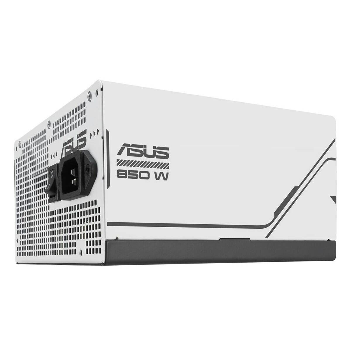 Weiße ASUS 850W Netzteil mit belüfteter Gehäusekonstruktion und schwarzen Details, mit Stromanschluss und Markierung an der Seite.