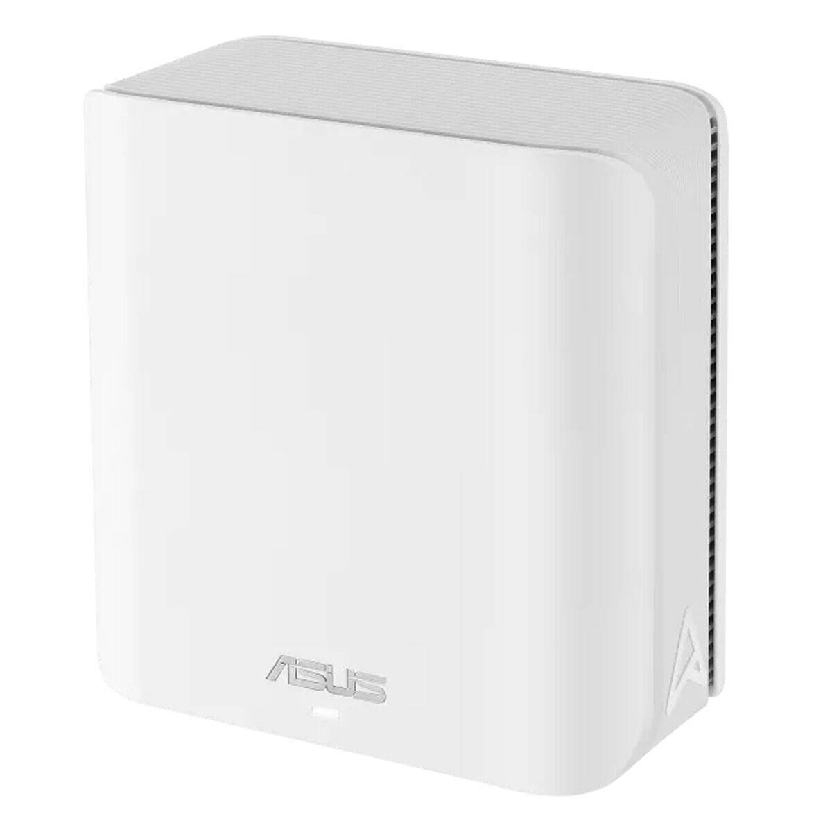 Drahtloser Router mit elegantem, rechteckigem Design in Weiß. Das ASUS-Logo ist auf der Vorderseite sichtbar.