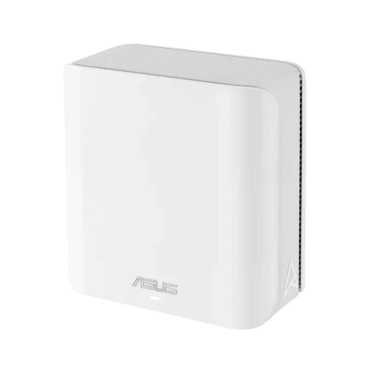 Weißer ASUS Wi-Fi Router mit einem eleganten, rechteckigen Design und dem ASUS-Logo auf der Vorderseite, mit sichtbaren Belüftungsschlitzen an den Seiten.