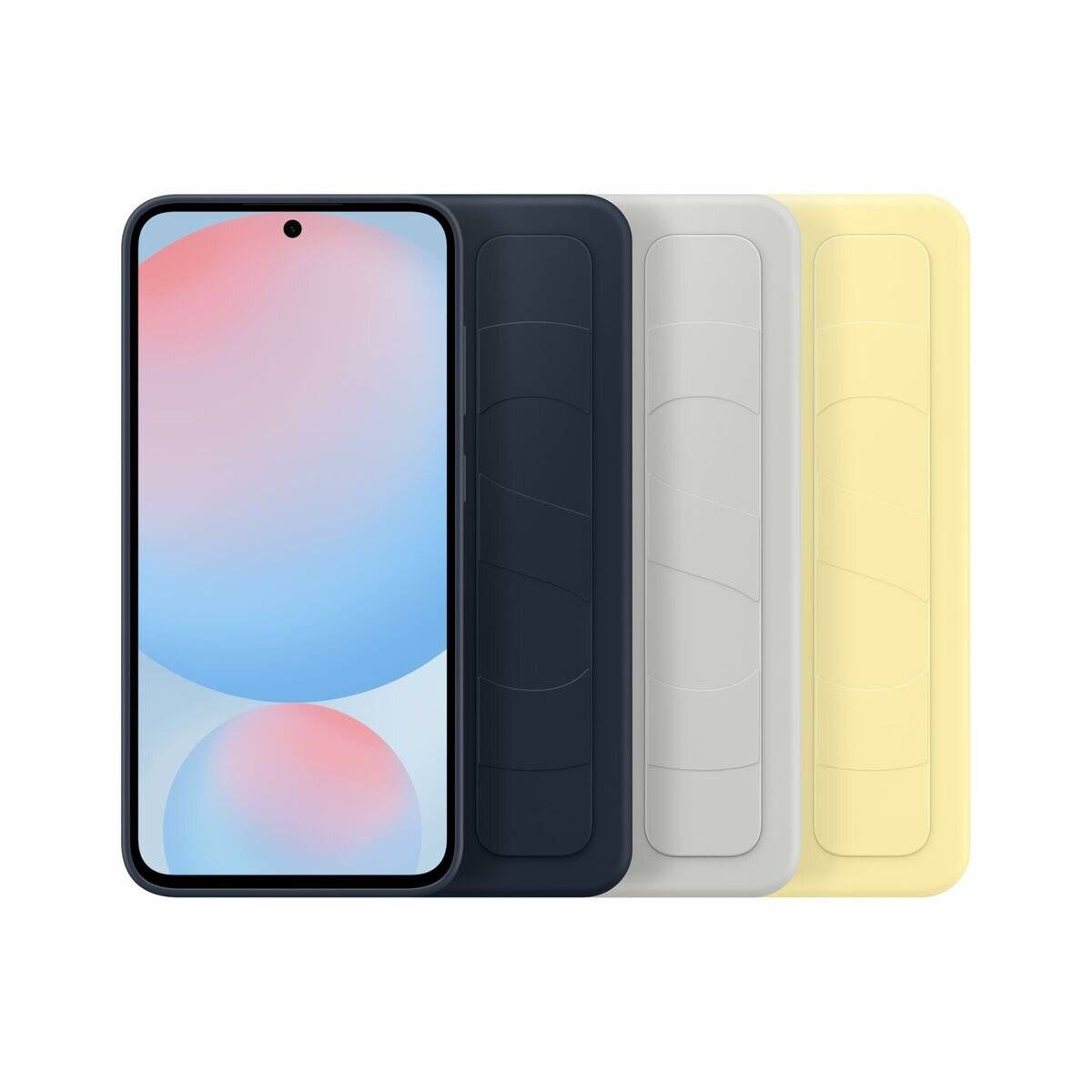 Ein Smartphone mit einem Vollbilddisplay wird neben drei Hüllen in Schwarz, Grau und Gelb gezeigt. Der Bildschirm zeigt ein unscharfes abstraktes Design.