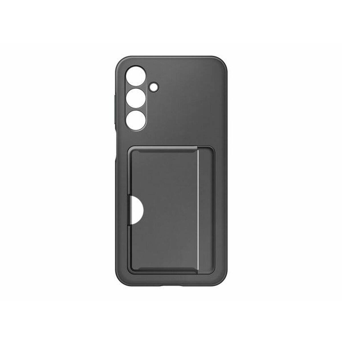 Eine schwarze Handyhülle mit drei Kameraausschnitten und einem ausziehbaren Kartenhalter auf der Rückseite, entwickelt zum Schutz des Geräts und sicheren Verstauen von Karten.