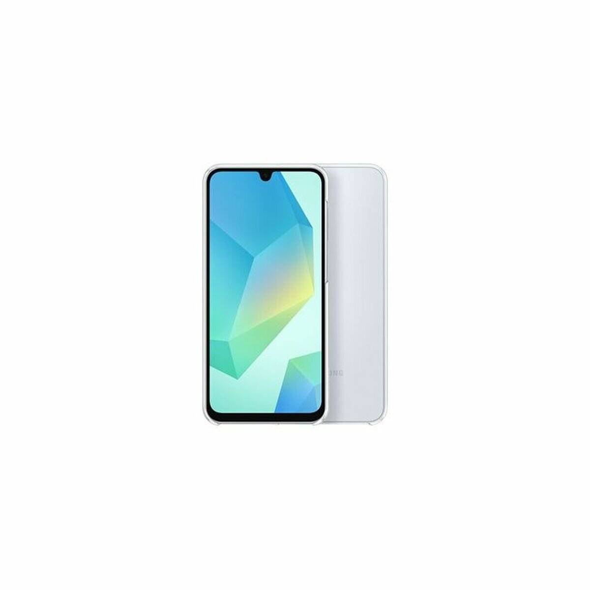 Ein Smartphone mit weißer Rückseite und einem bunten geometrischen Design auf dem Bildschirm, von vorne und hinten präsentiert.