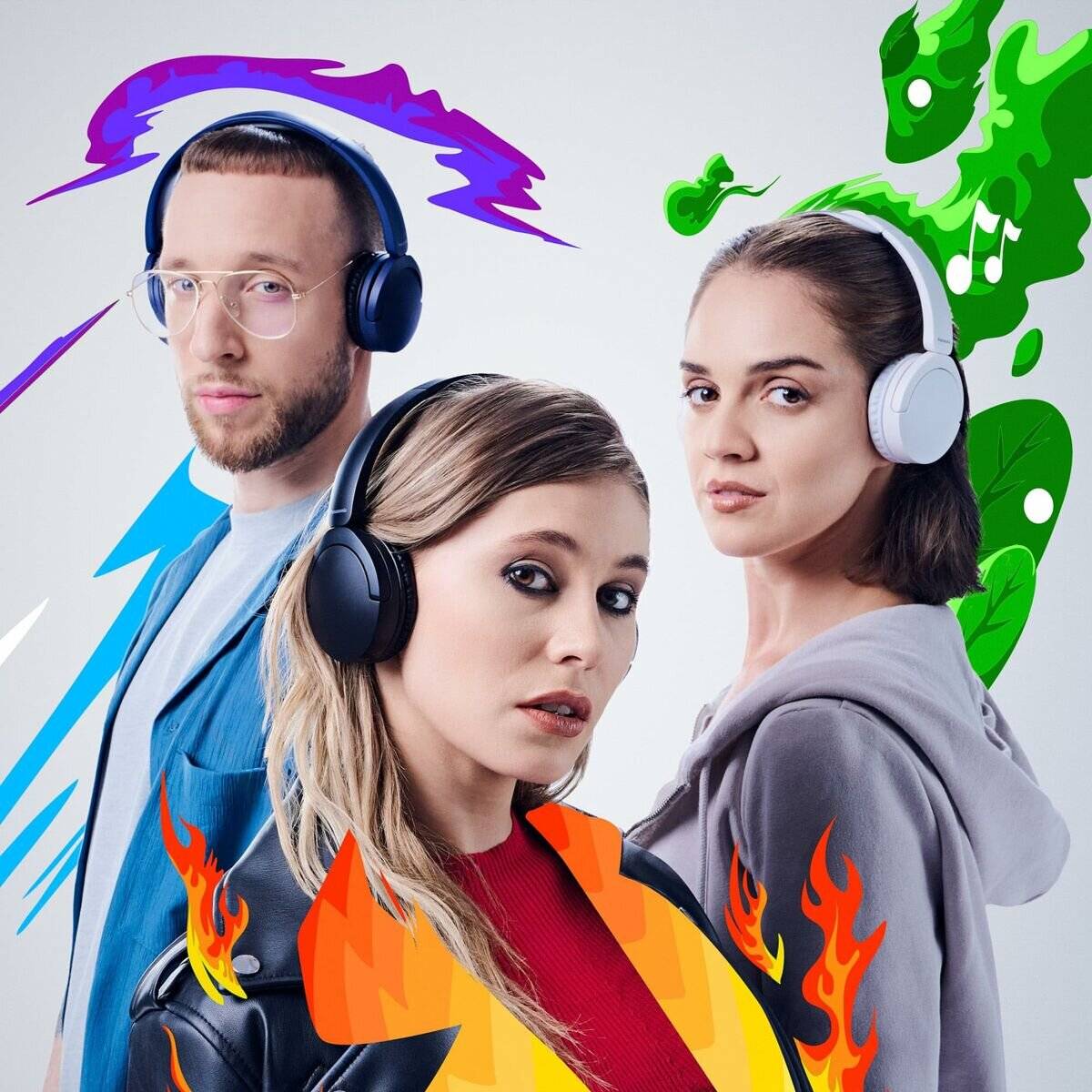Zwei Menschen mit Kopfhörern und farbenfrohen Akzenten hören Musik. Der lebendige Hintergrund zeigt abstrakte Formen und Musiknoten.
